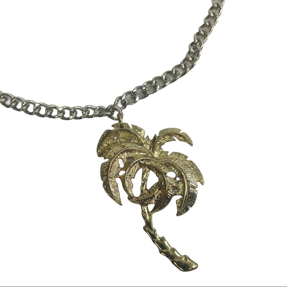 Gold palm tree necklace silver tone chain 20”